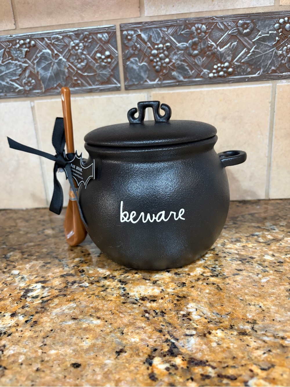 Beware Black Decorative Cauldron Pot with Lid - Rae Dunn Halloween